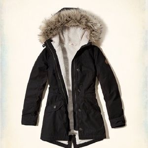 Hollister black fur lined parka